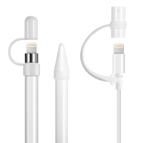 (3-in-1) Silicone Lid Cap / Nib Tip Protector / Anti-Lost Strap Cable for Apple Pencil - White